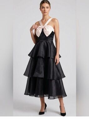 NWT Lulus black cream organza tiered satin bow dress